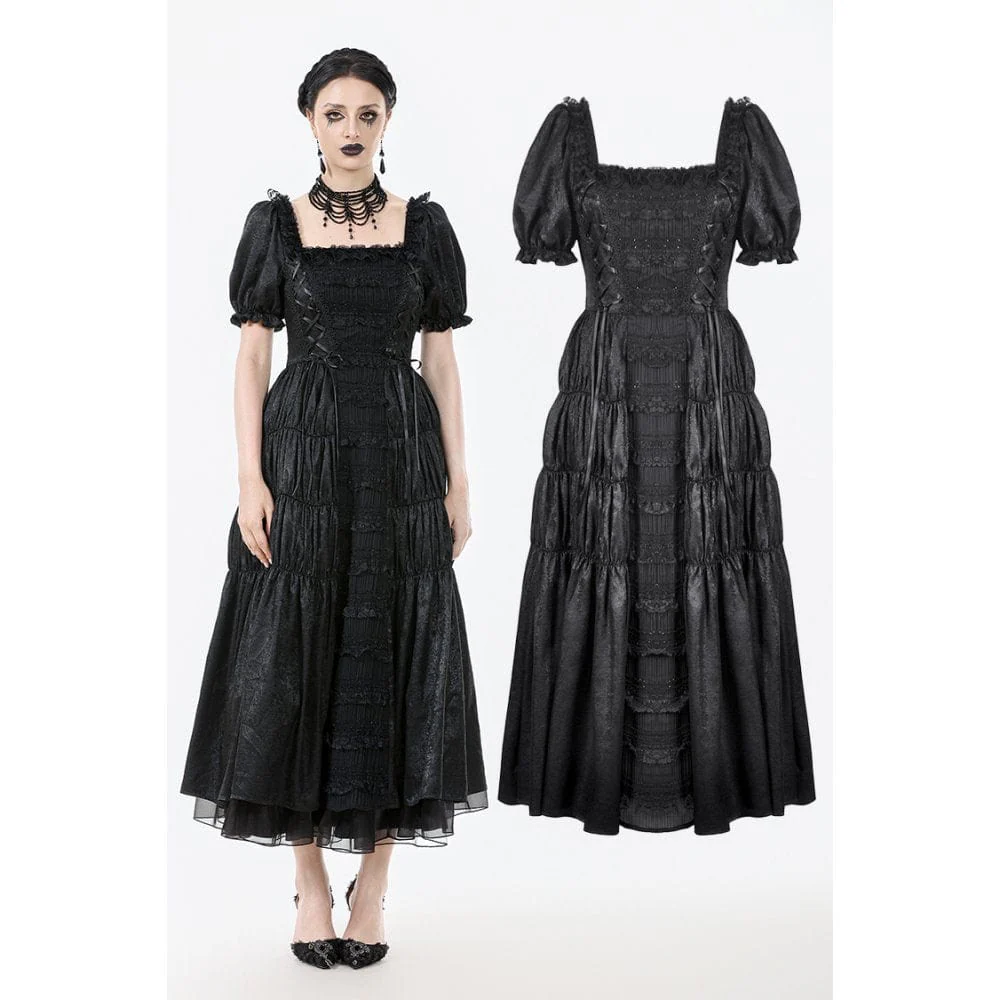 Women's Gothic Ruched Square-cut Collar Puff Short Sleeved Dress Wedding Dress