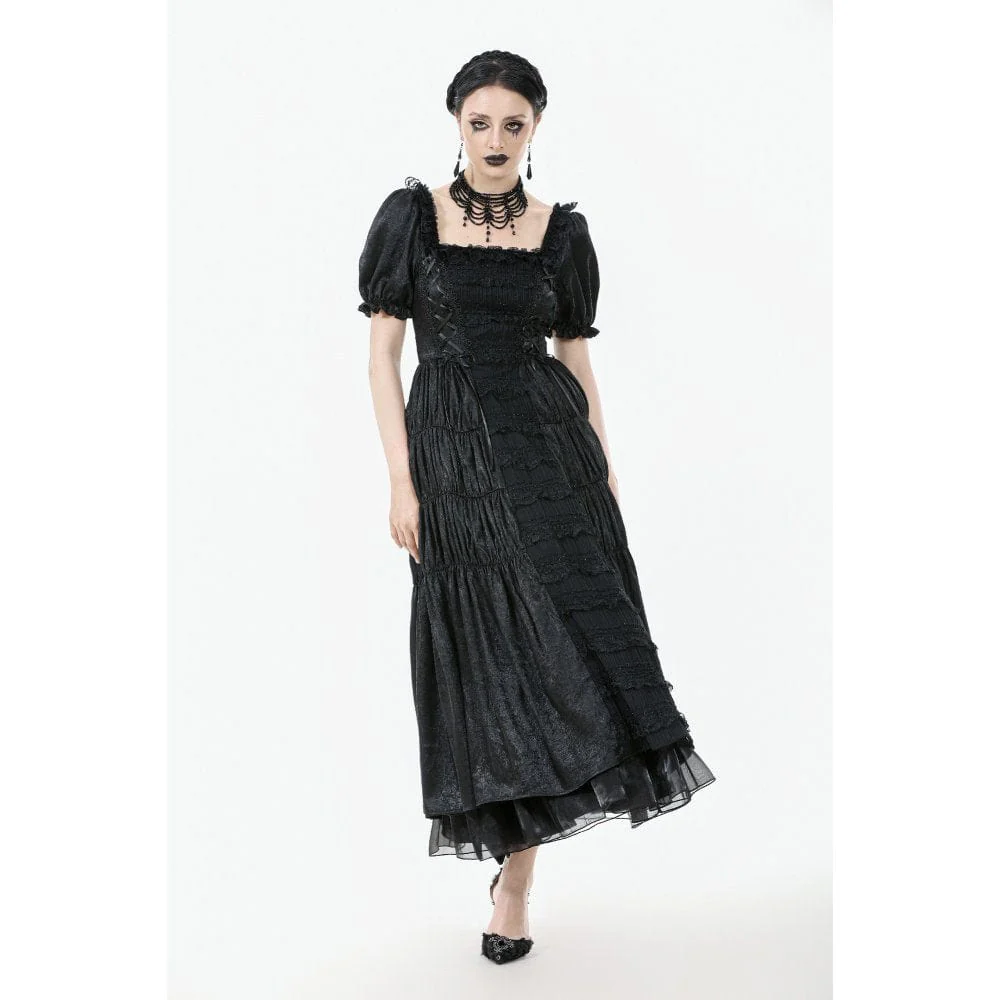 Women's Gothic Ruched Square-cut Collar Puff Short Sleeved Dress Wedding Dress - Image 2