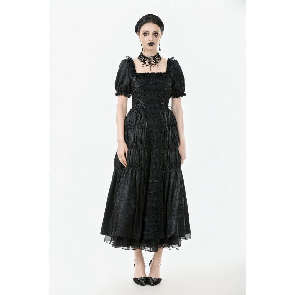 Women's Gothic Ruched Square-cut Collar Puff Short Sleeved Dress Wedding Dress - Image 3