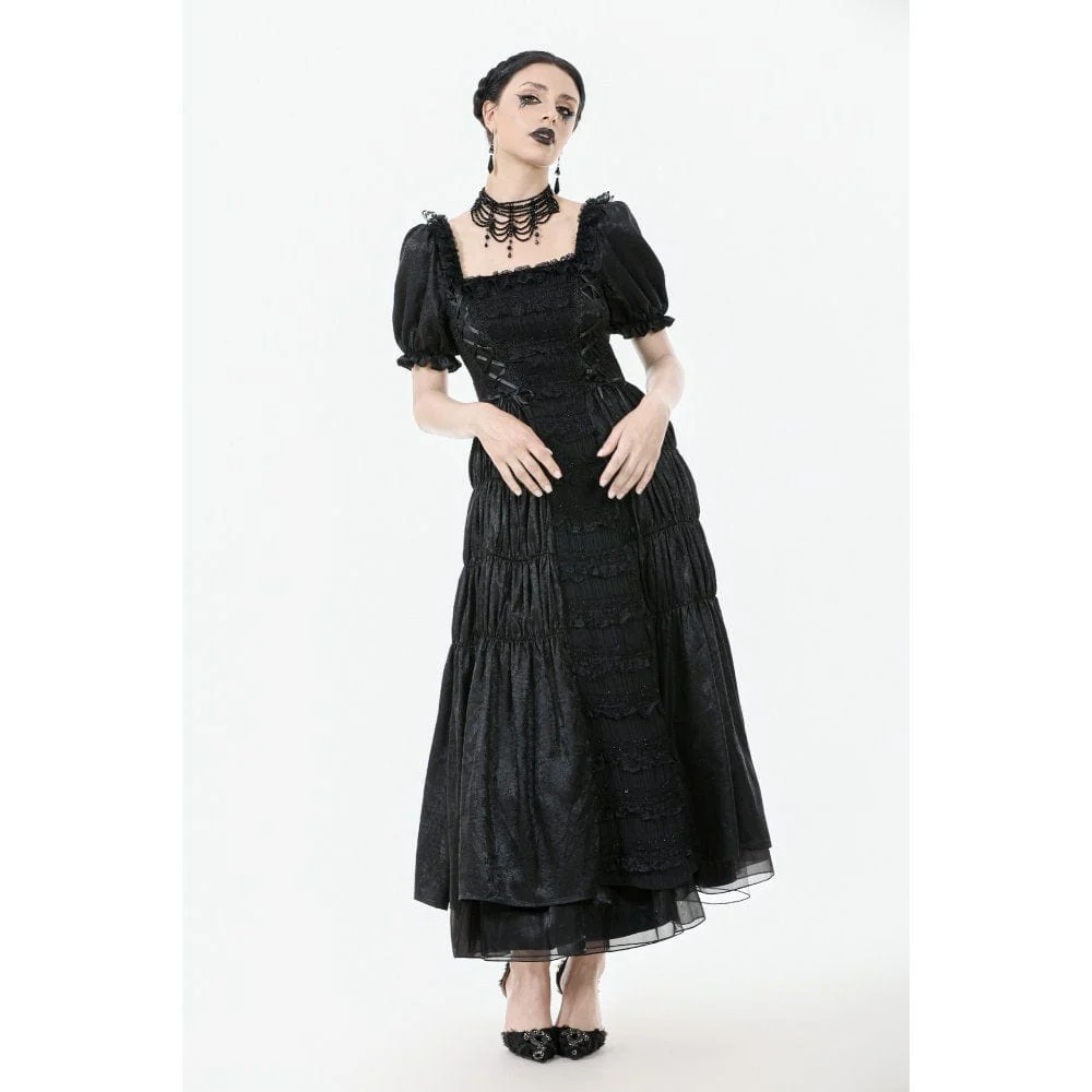 Women's Gothic Ruched Square-cut Collar Puff Short Sleeved Dress Wedding Dress - Image 6