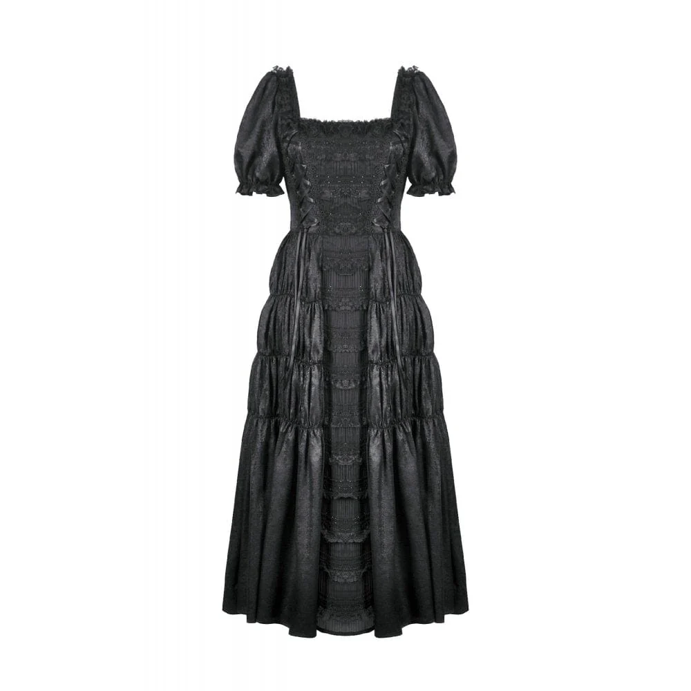 Women's Gothic Ruched Square-cut Collar Puff Short Sleeved Dress Wedding Dress - Image 8