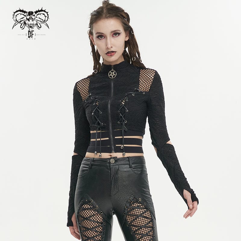 Women's Gothic Ruched Strap Splice Mesh Crop Top - Image 2