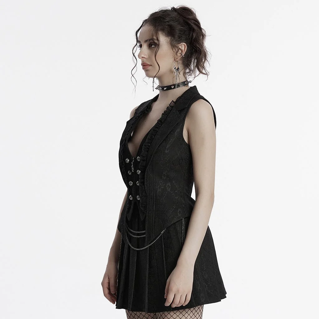 Women's Gothic Ruffled Lace Splice Lapel Vest Black - Image 2