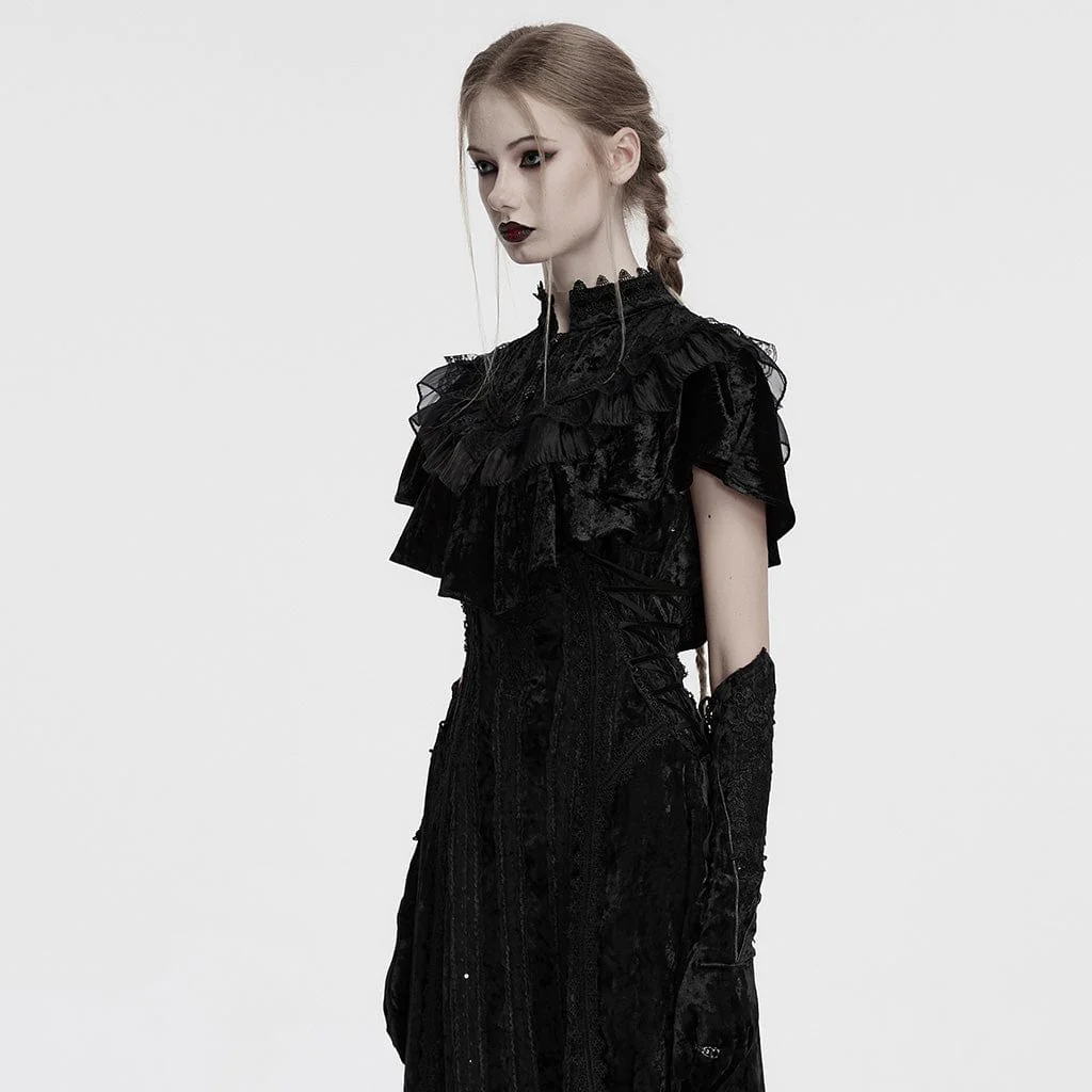 Women's Gothic Ruffled Lace Splice Velvet Cape Black - Image 2