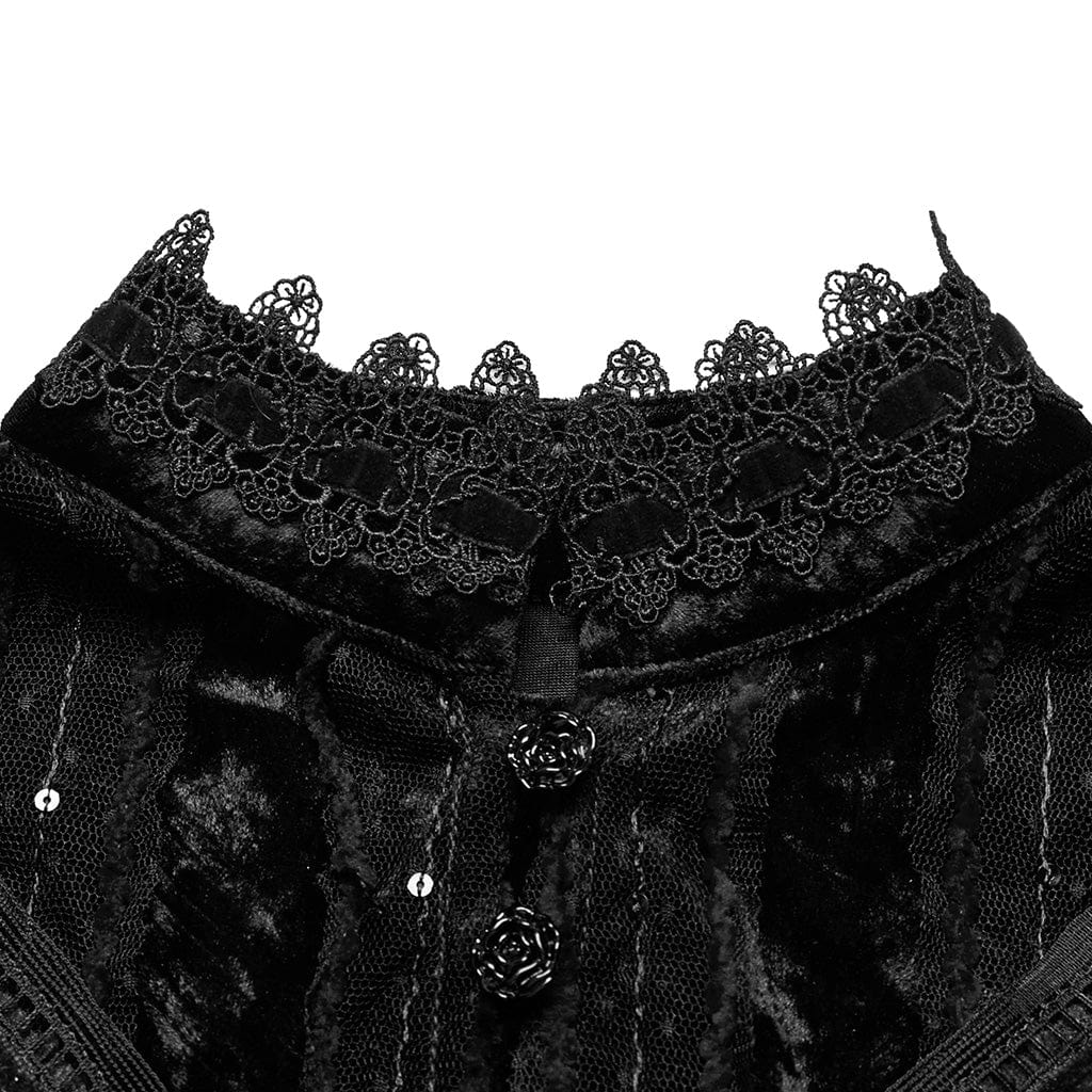 Women's Gothic Ruffled Lace Splice Velvet Cape Black - Image 6