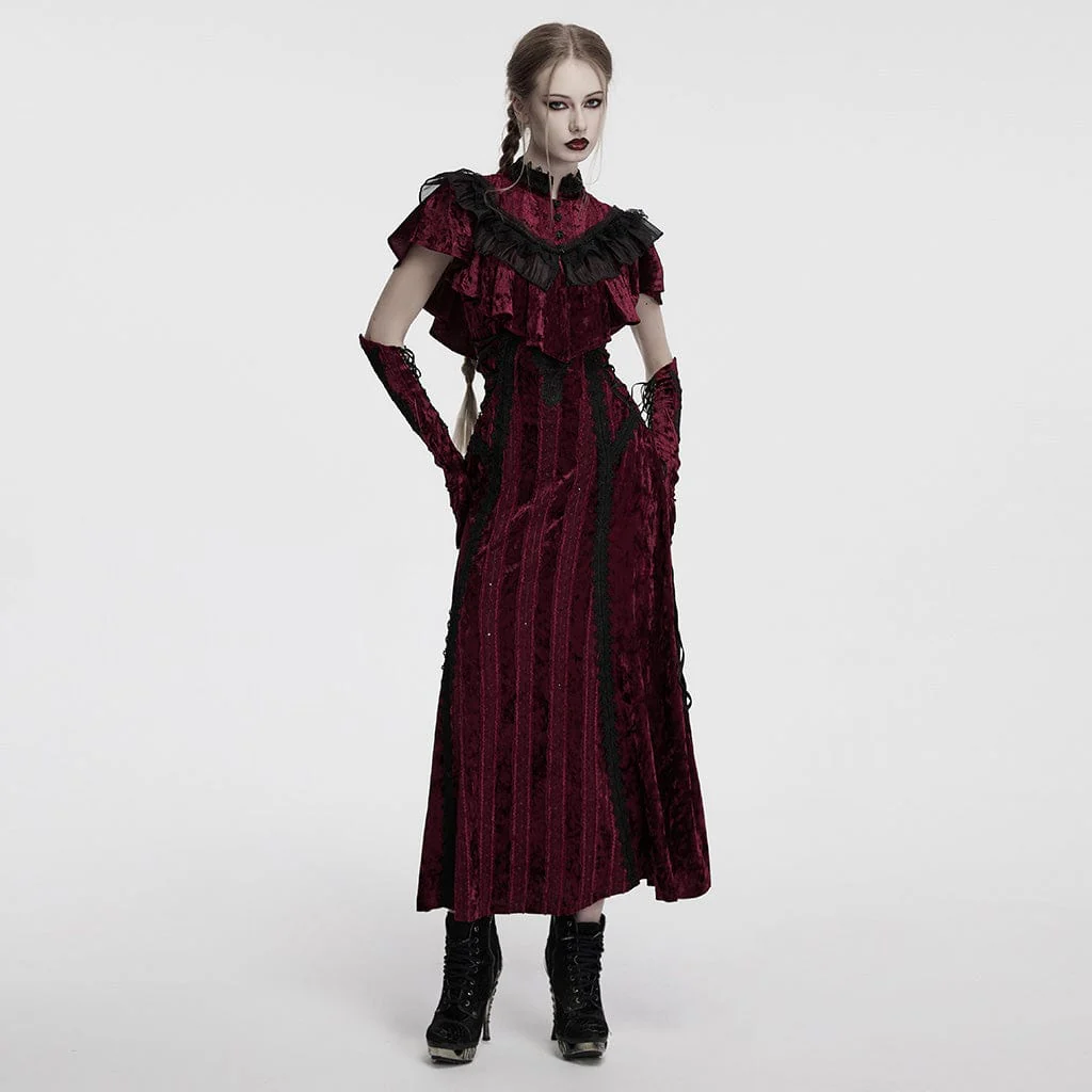 Women's Gothic Ruffled Lace Splice Velvet Cape Red - Image 4
