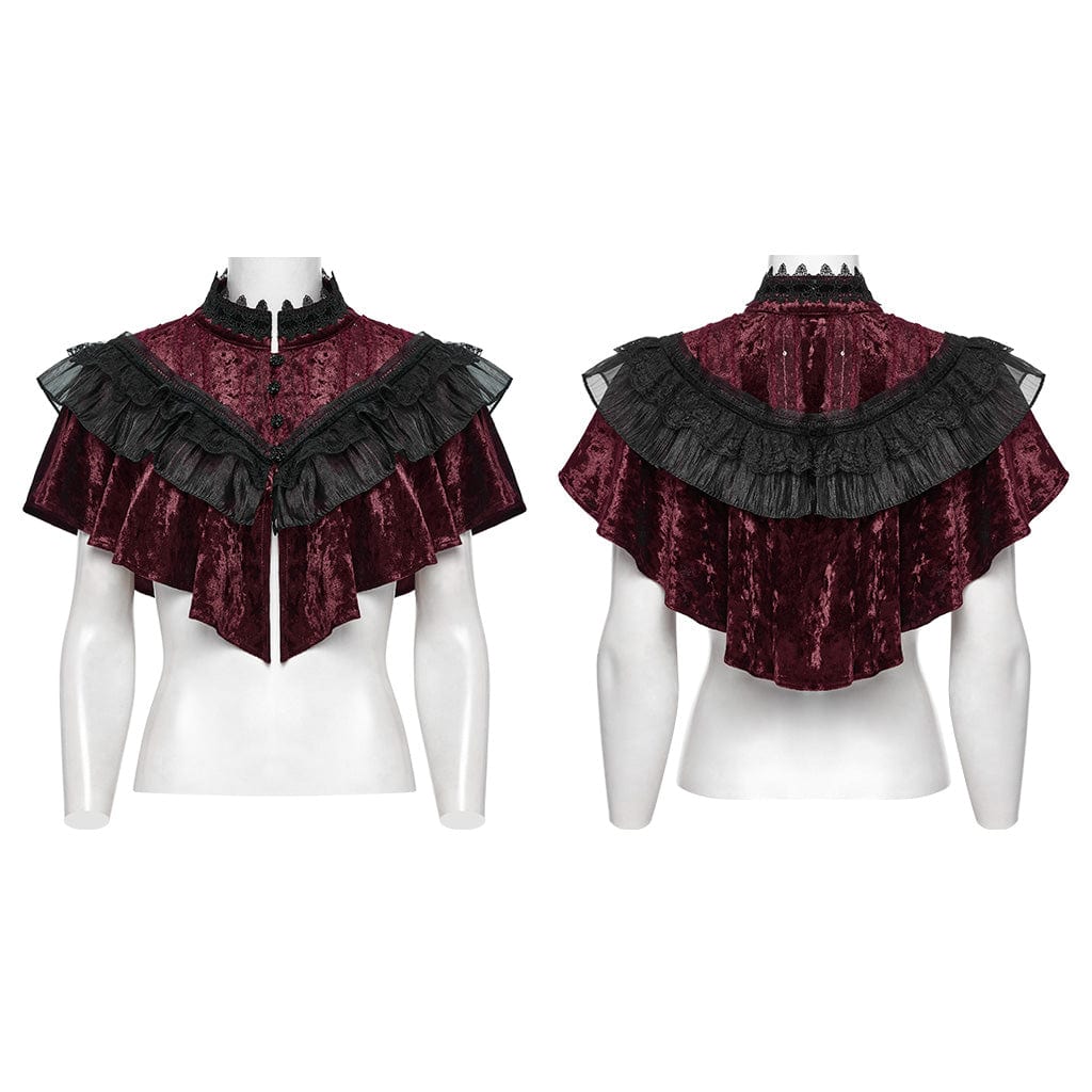 Women's Gothic Ruffled Lace Splice Velvet Cape Red - Image 5