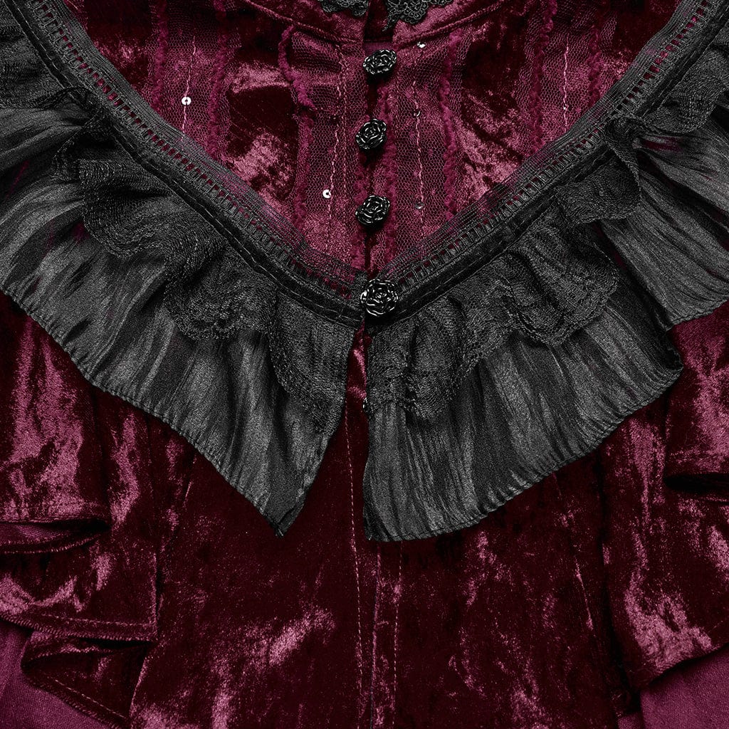 Women's Gothic Ruffled Lace Splice Velvet Cape Red - Image 7