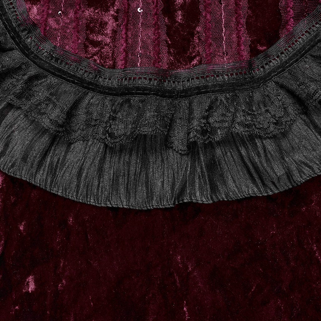 Women's Gothic Ruffled Lace Splice Velvet Cape Red - Image 9