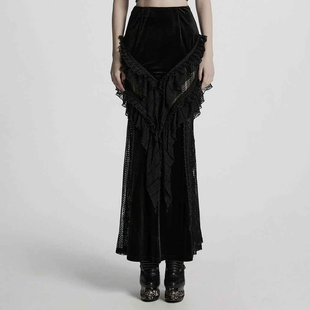 Women's Gothic Ruffled Lace Splice Velvet Fishtail Skirt