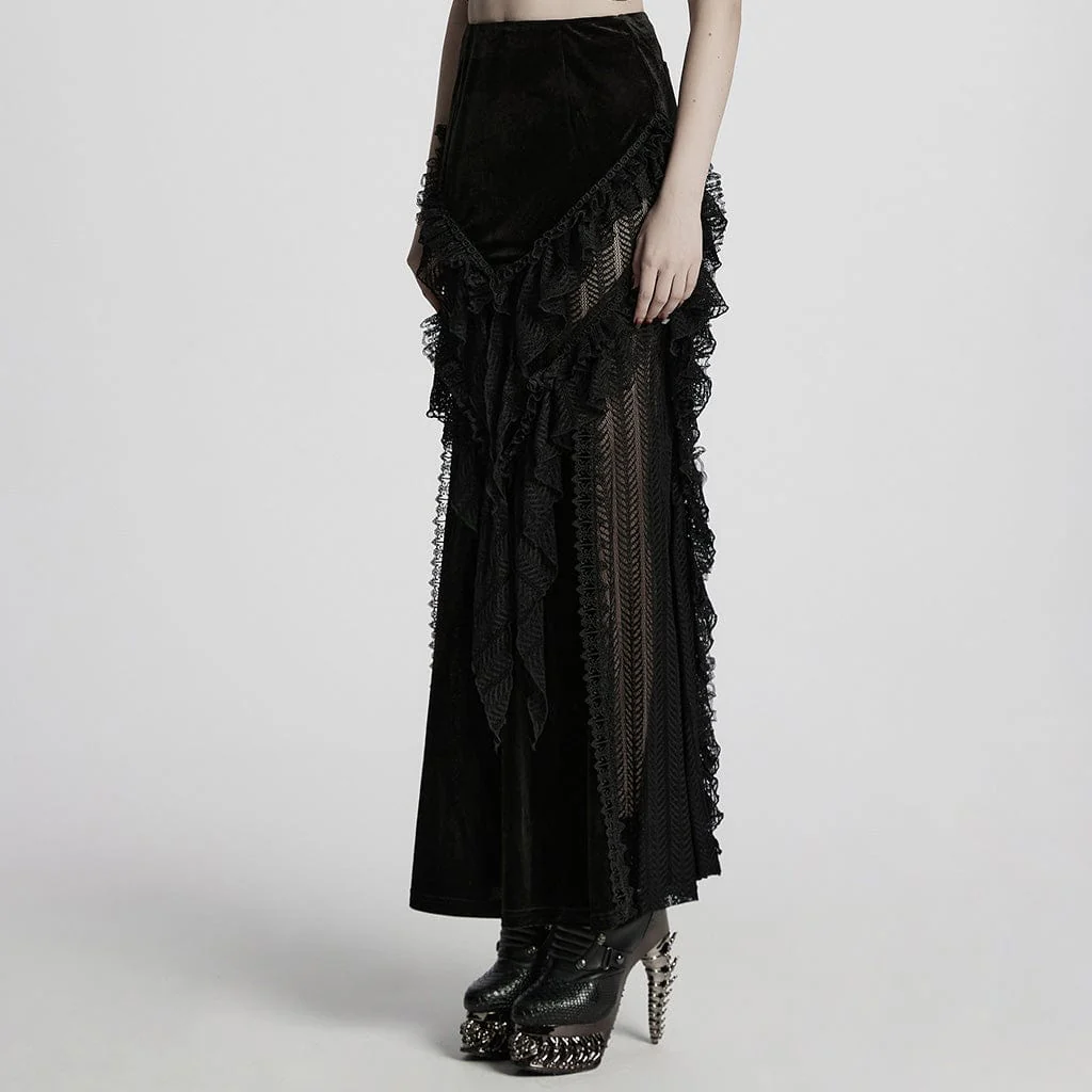 Women's Gothic Ruffled Lace Splice Velvet Fishtail Skirt - Image 2