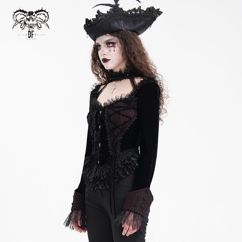 Women's Gothic Ruffled Mesh Lace-up Long Sleeved Shirts - Image 2
