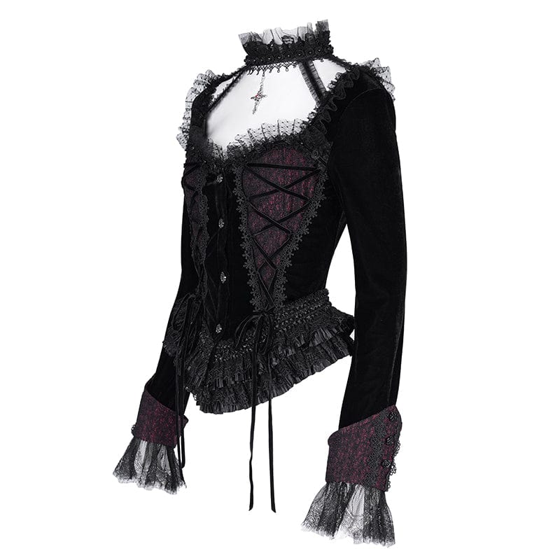 Women's Gothic Ruffled Mesh Lace-up Long Sleeved Shirts - Image 7