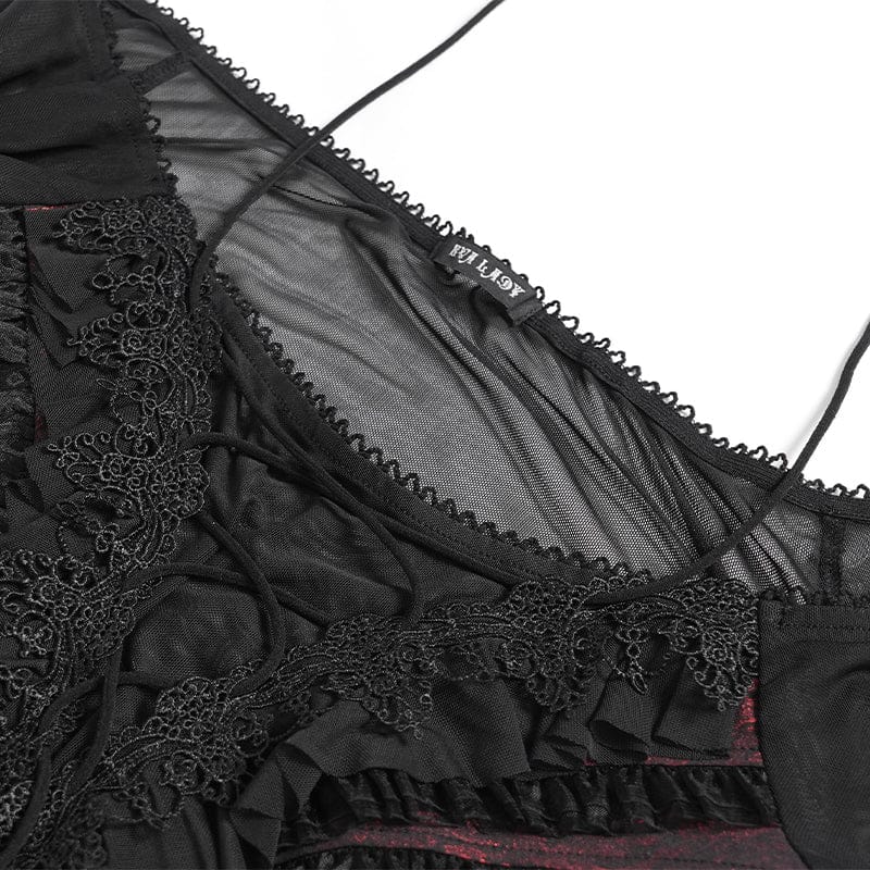 Women's Gothic Ruffled Off Shoulder Flared Sleeved Shirt Black-Red - Image 11