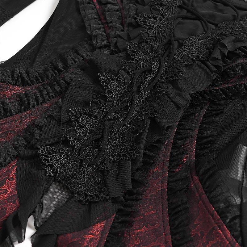 Women's Gothic Ruffled Off Shoulder Flared Sleeved Shirt Black-Red - Image 12