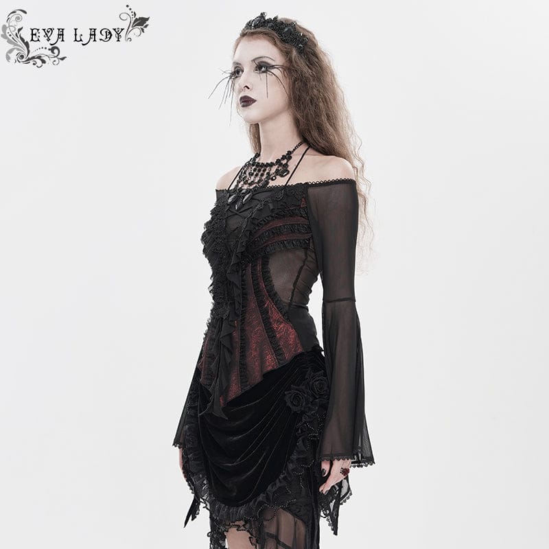Women's Gothic Ruffled Off Shoulder Flared Sleeved Shirt Black-Red - Image 4