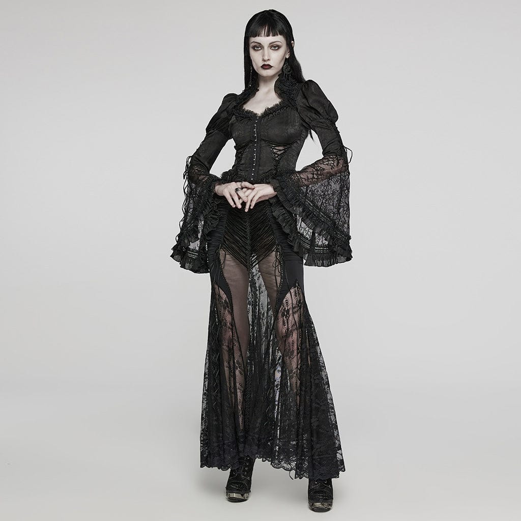 Women's Gothic Ruffled Spaghetti Strap Lace Long Toned Horn Sleeved Shirt - Image 4