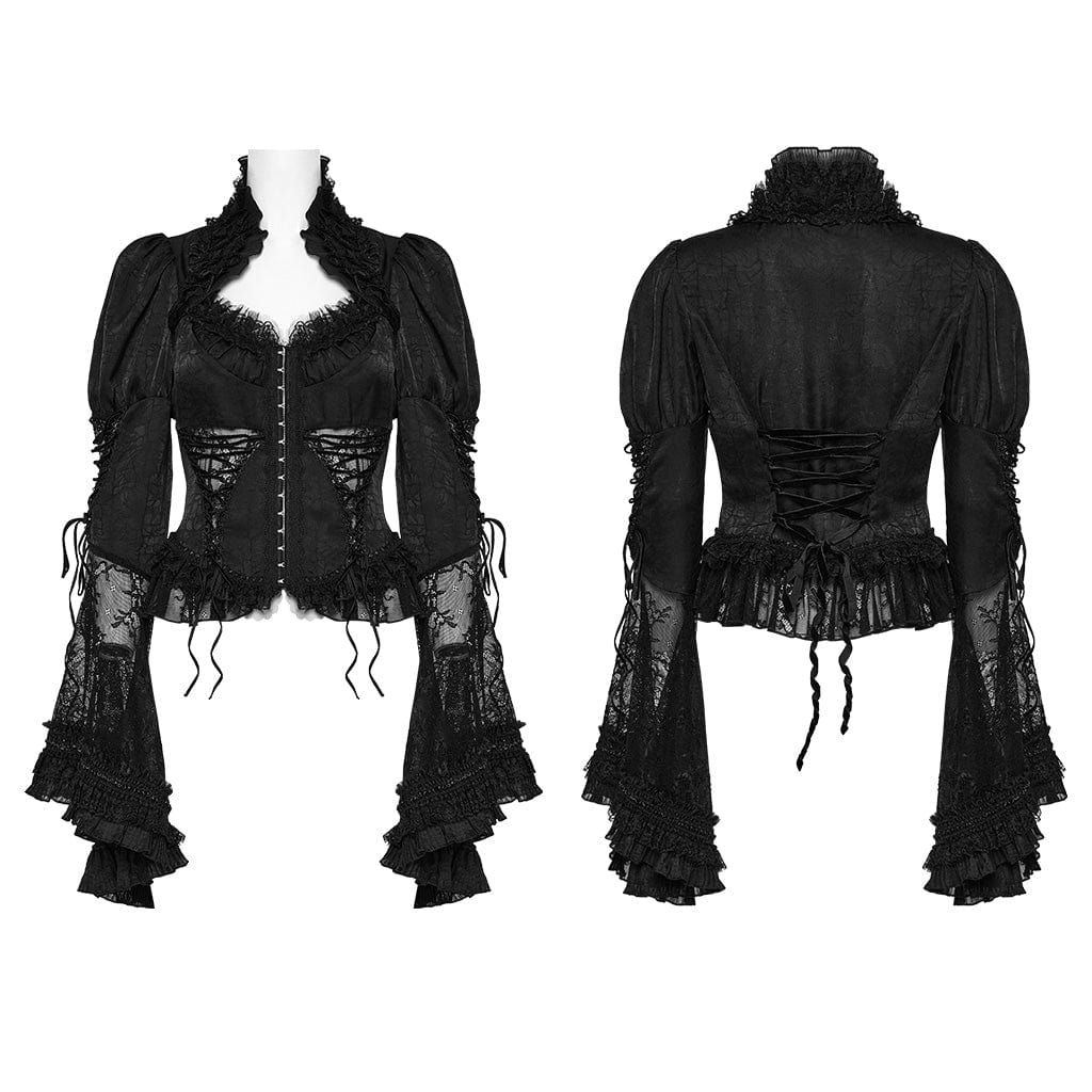 Women's Gothic Ruffled Spaghetti Strap Lace Long Toned Horn Sleeved Shirt - Image 5