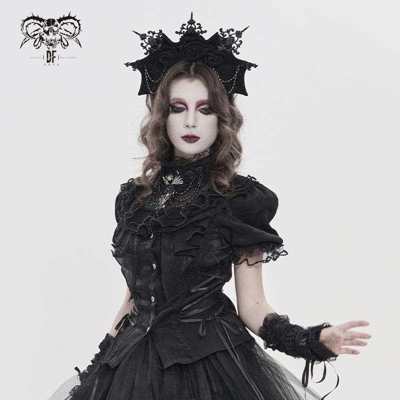Women's Gothic Ruffled Stand Collar Puff Short Sleeved Shirt Black - Image 4