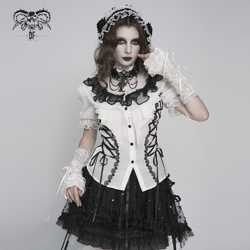Women's Gothic Ruffled Stand Collar Puff Short Sleeved Shirt Black-White - Image 2