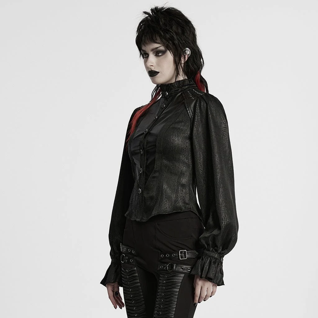 Women's Gothic Ruffled Stand Collar Puff Sleeved Shirt - Image 2