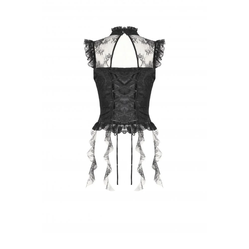 Women's Gothic Ruffles Bow Tie Lace Top with Tassels - Image 14