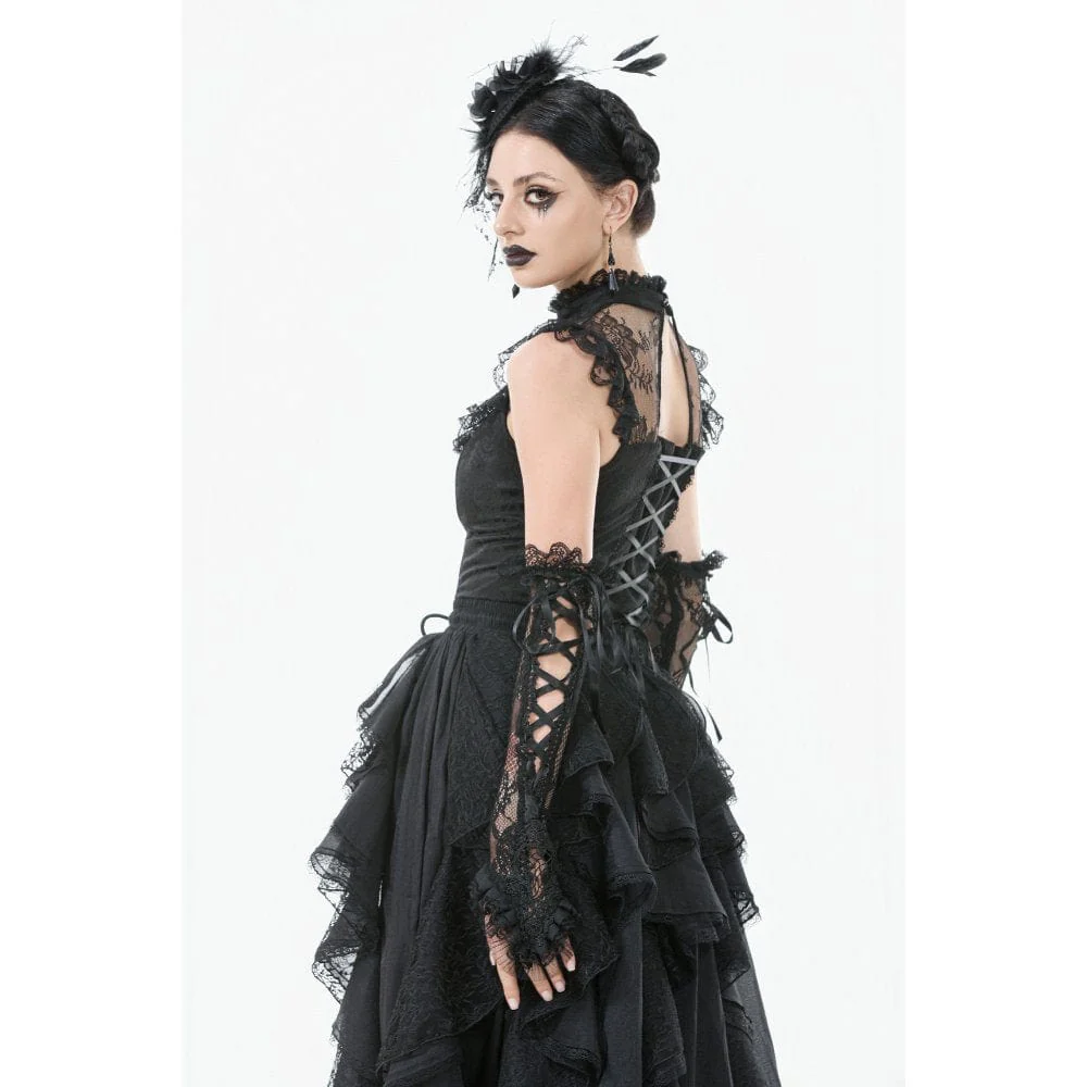 Women's Gothic Ruffles Bow Tie Lace Top with Tassels - Image 3
