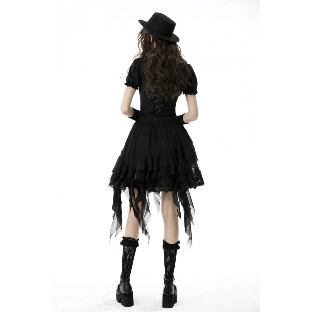 Women's Gothic Ruffles Short Puff Sleeved Shirt Black - Image 4