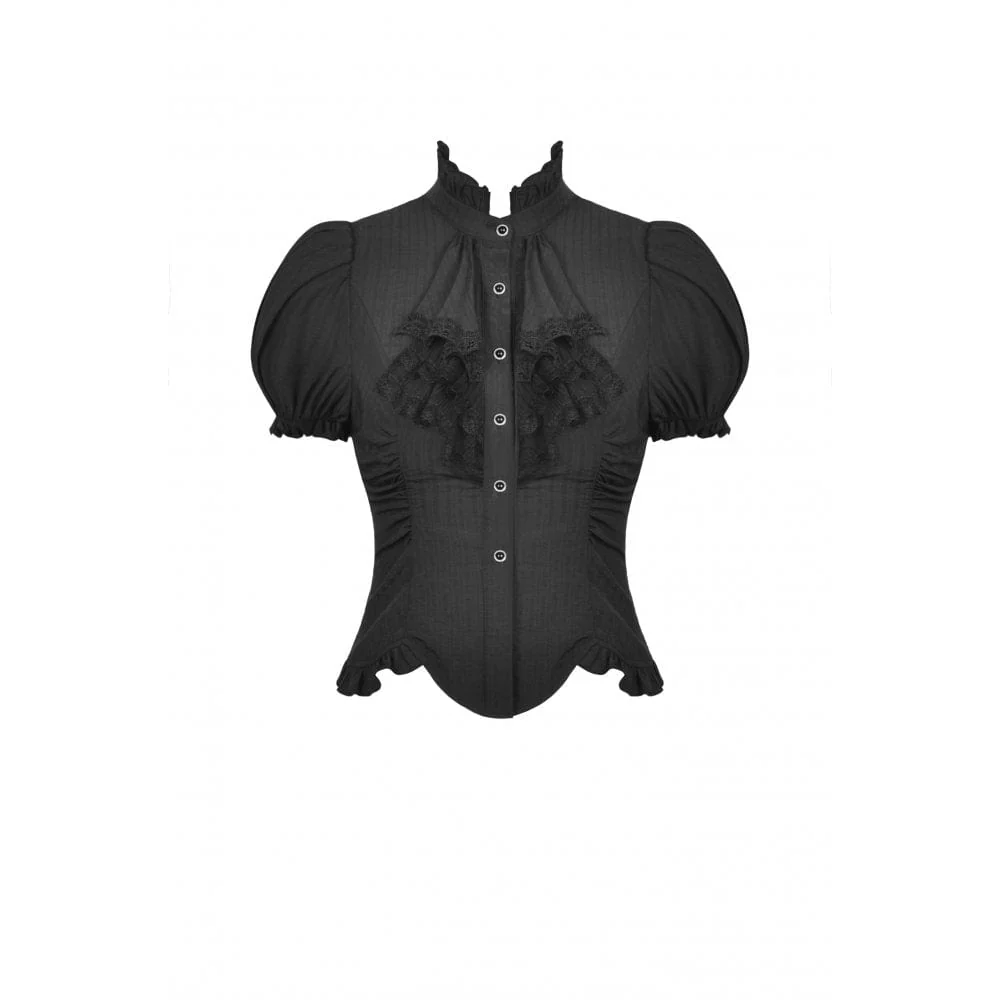 Women's Gothic Ruffles Short Puff Sleeved Shirt Black - Image 5