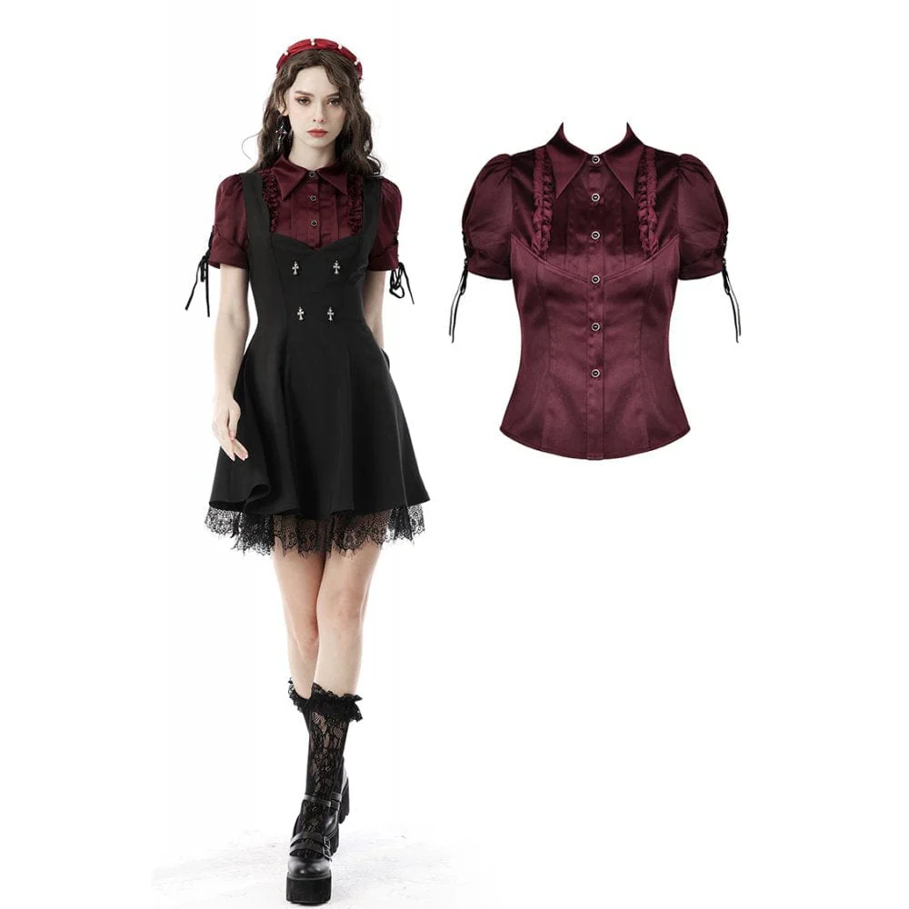 Women's Gothic Ruffles Short Puff Sleeved Shirt Red