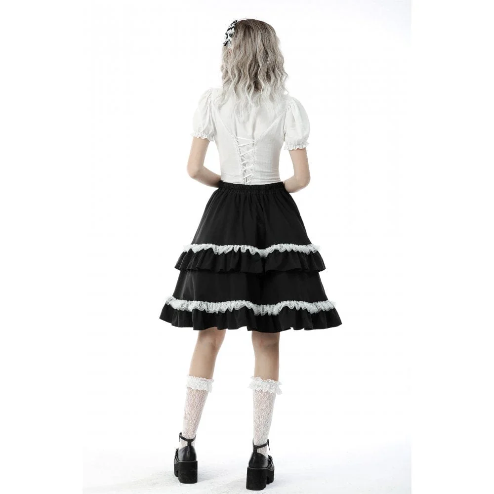 Women's Gothic Ruffles Short Puff Sleeved Shirt White - Image 4
