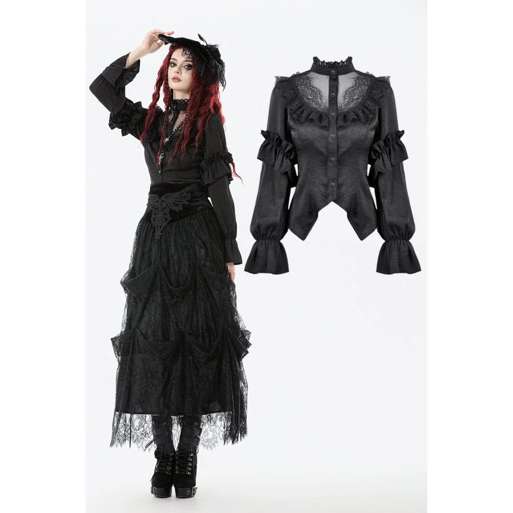 Women's Gothic See Through Ruffled Stand Collar Lantern Sleeved Shirt