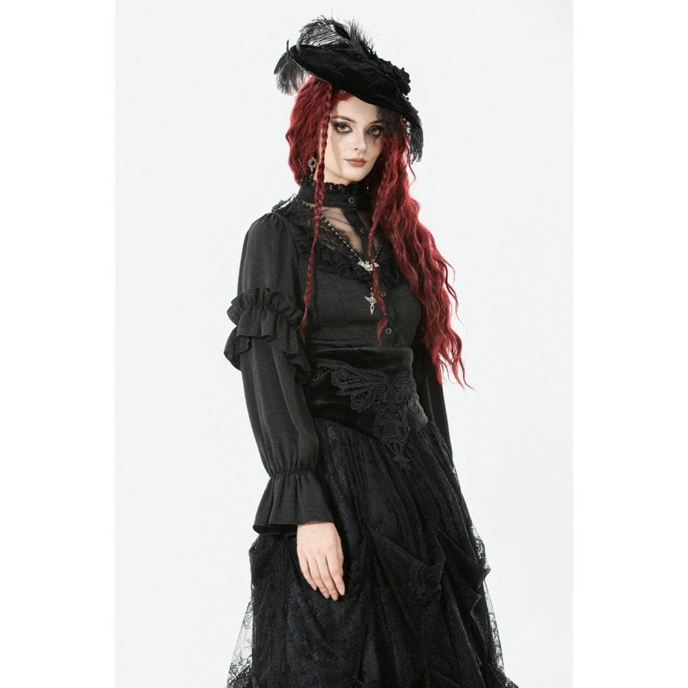 Women's Gothic See Through Ruffled Stand Collar Lantern Sleeved Shirt - Image 4