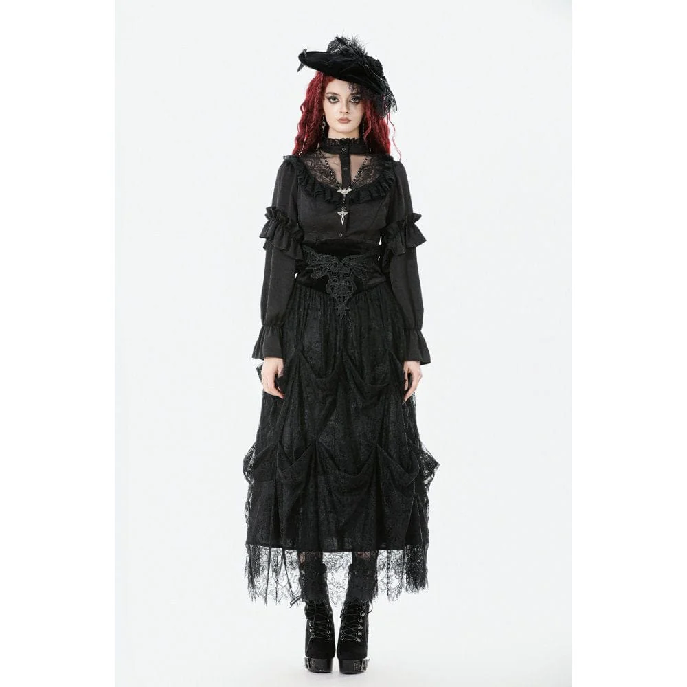 Women's Gothic See Through Ruffled Stand Collar Lantern Sleeved Shirt - Image 5
