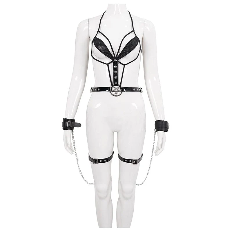Women's Gothic Sexy Cross Harness with Cuffs - Image 6