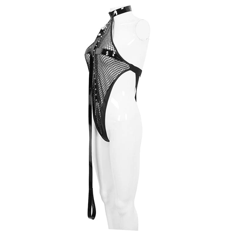 Women's Gothic Sexy Mesh Bodysuit with Leash - Image 8