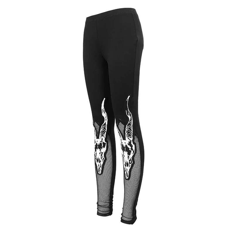 Women's Gothic Sheepshead Printed Mesh Splice Leggings - Image 5