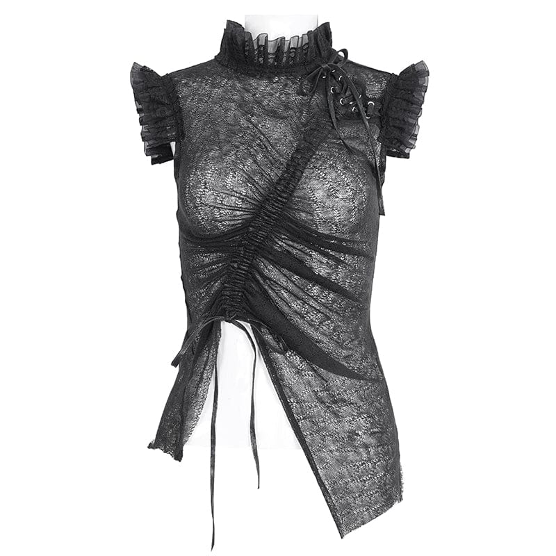 Women's Gothic Sheer Lace-Up Mesh Ruffled Top - Image 7