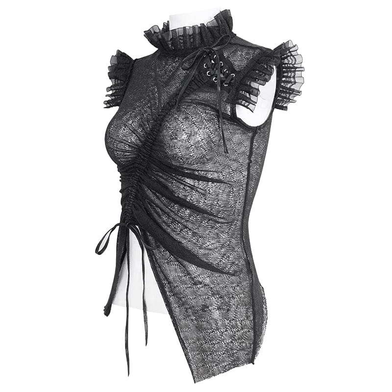 Women's Gothic Sheer Lace-Up Mesh Ruffled Top - Image 9
