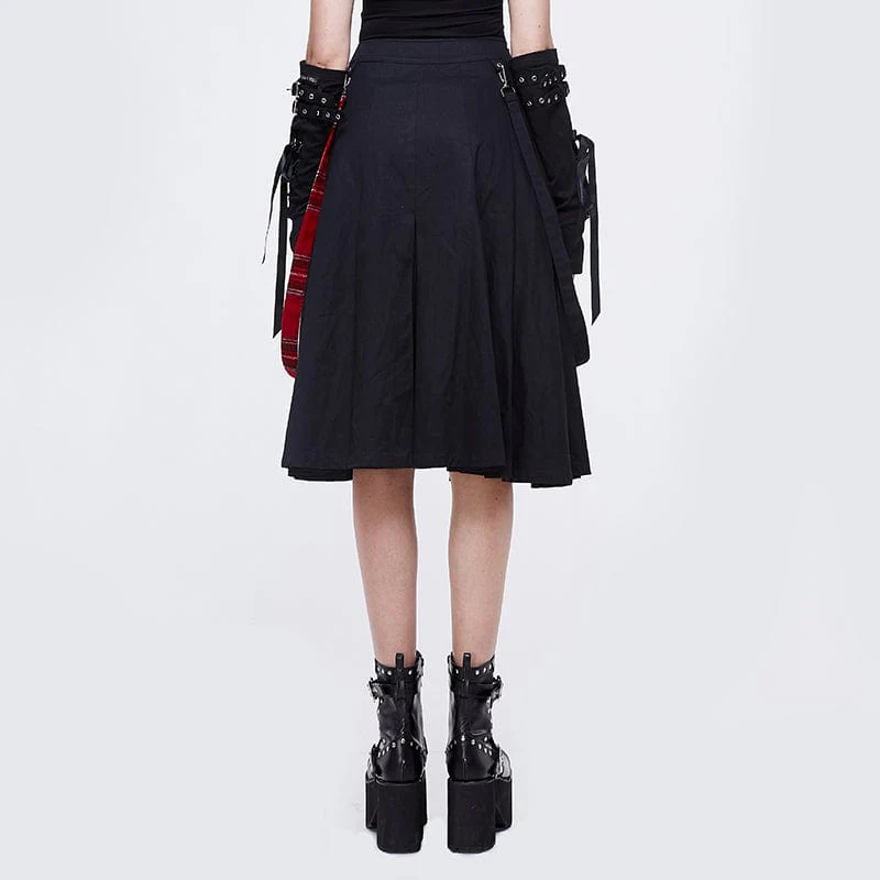 Women's Gothic Side Slit Red Plaid Skirt with Strap - Image 3