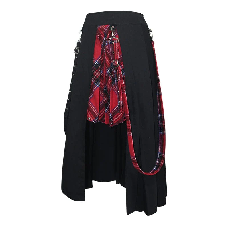 Women's Gothic Side Slit Red Plaid Skirt with Strap - Image 6