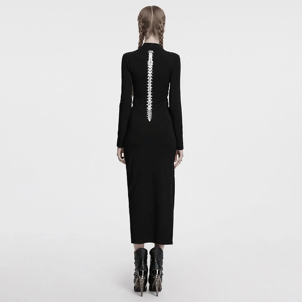 Women's Gothic Skeleton Printed Cutout Halloween Dress Black - Image 3