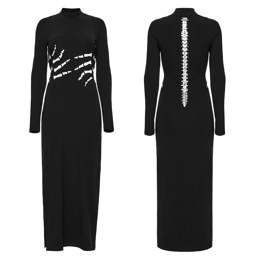 Women's Gothic Skeleton Printed Cutout Halloween Dress Black - Image 5