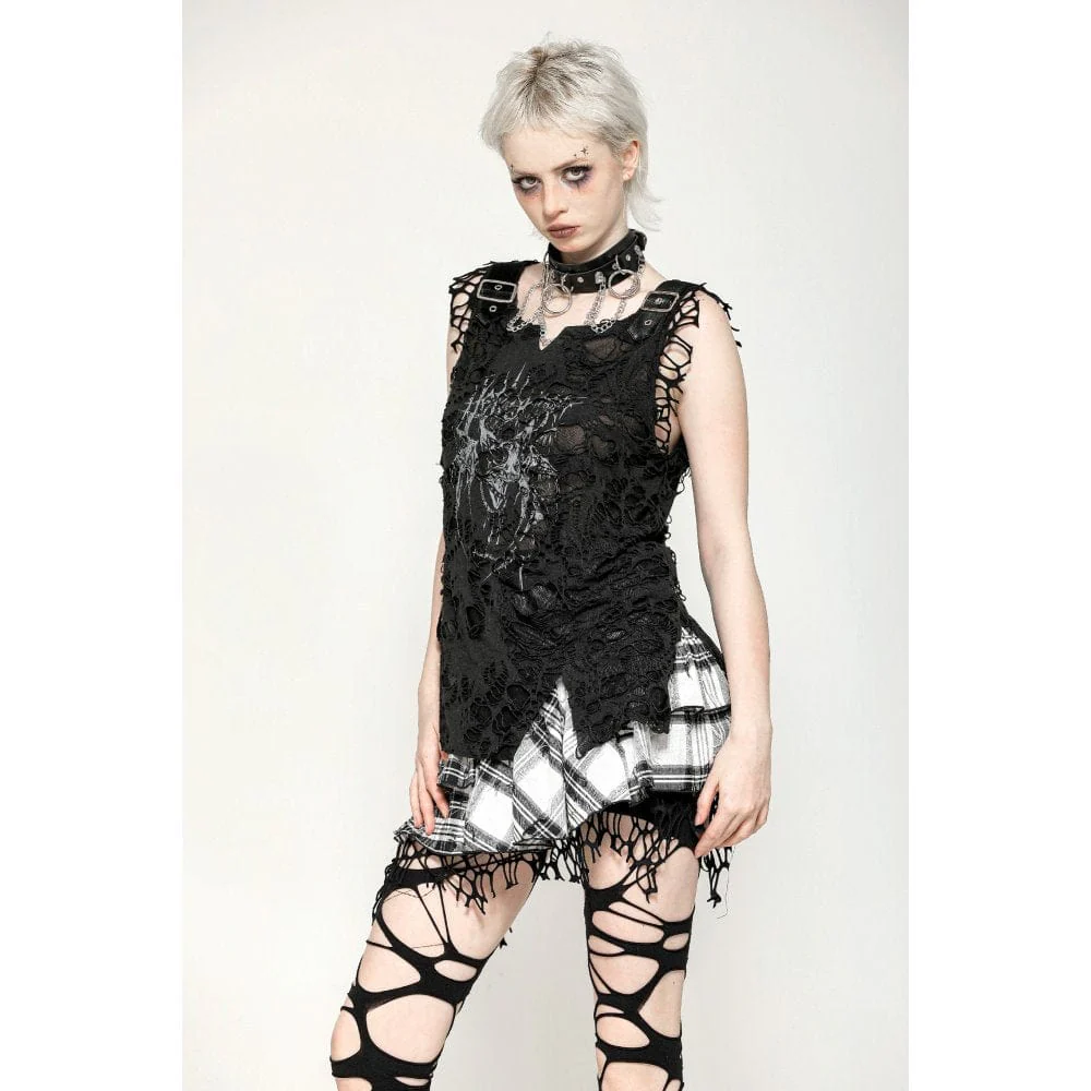 Women's Gothic Skull Printed Distressed Tank Top - Image 3