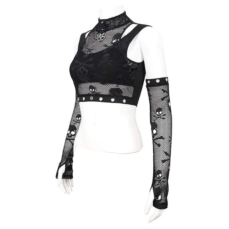 Women's Gothic Skull Printed Mesh Crop Top with Oversleeves - Image 5