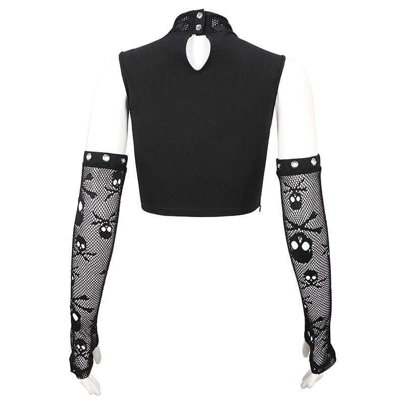 Women's Gothic Skull Printed Mesh Crop Top with Oversleeves - Image 6