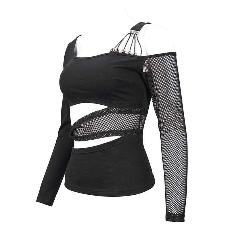 Women's Gothic Slash Shoulder Mesh Splice Top - Image 5