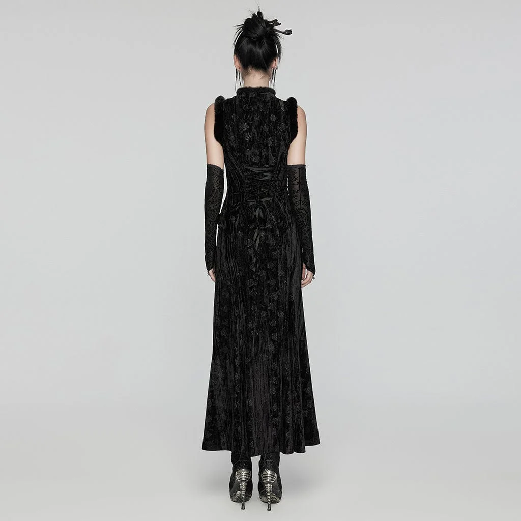 Women's Gothic Split Embossed Velvet Prom Dress with Oversleeves - Image 3