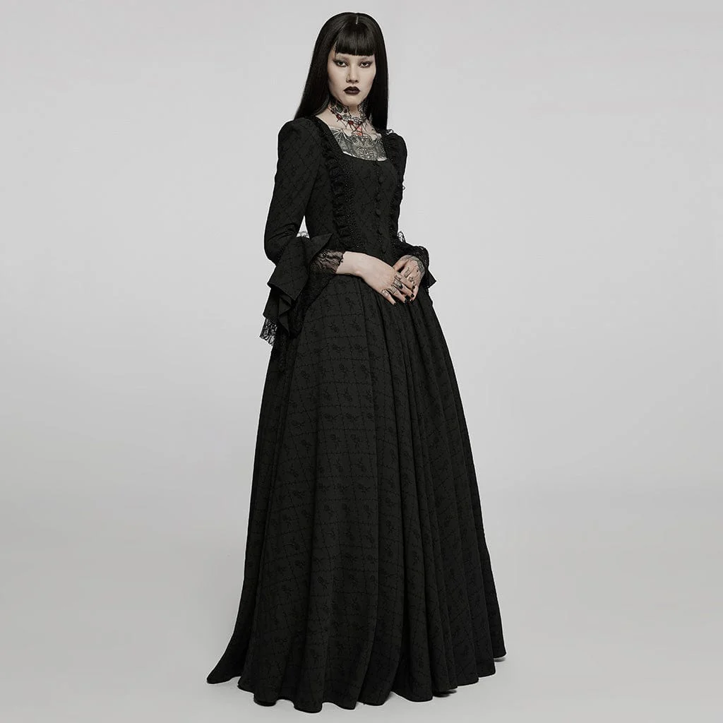 Women's Gothic Square Collar Flare Sleeved Lace Maxi Dress Wedding Dress - Image 2