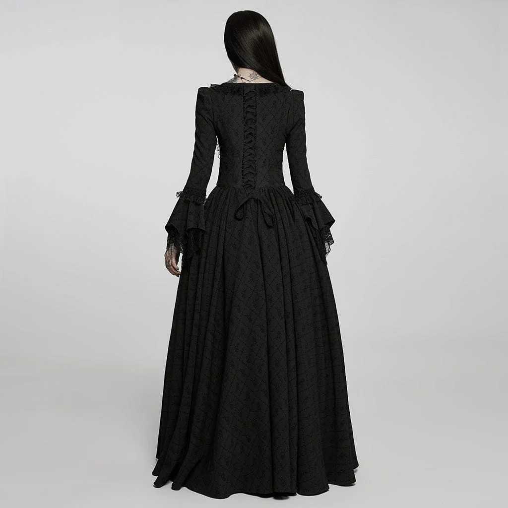 Women's Gothic Square Collar Flare Sleeved Lace Maxi Dress Wedding Dress - Image 4